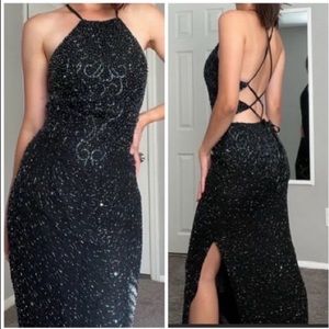Vintage 90’s 100% Silk Dress Silk Slip Dress Beaded Dress Halter Black Maxi Prom